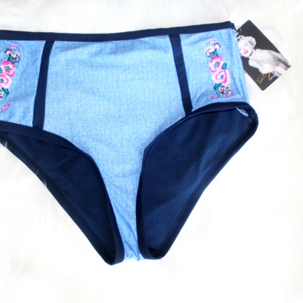 NWT High Waisted Chambray Denim Applique Swimsuit - Picture 7 of 8